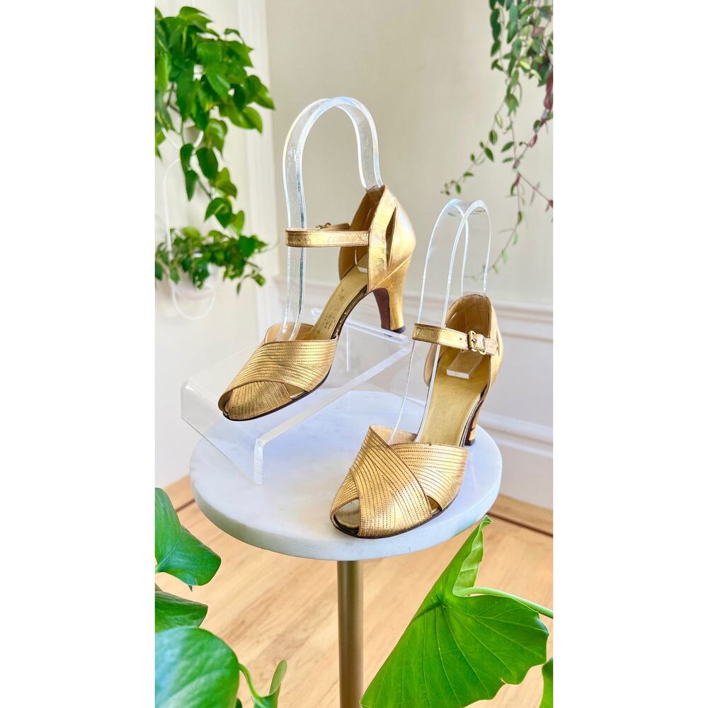 Vintage 1930s Shoes 30s Gold Leather Art Deco High Heels size US 5 - Picture 2 of 10